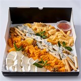 Сырная гастрономическая (Пармезан, сыр бри, Чеддар, Дор Блю) с апельсиновым конфитюром, хлебными палочками и апельсином,